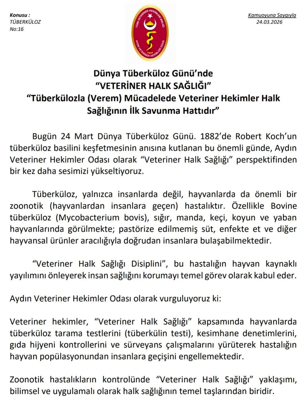 “VETERİNER HALK SAĞLIĞI”-TUBERKULOZ-24.03.26-No: 16